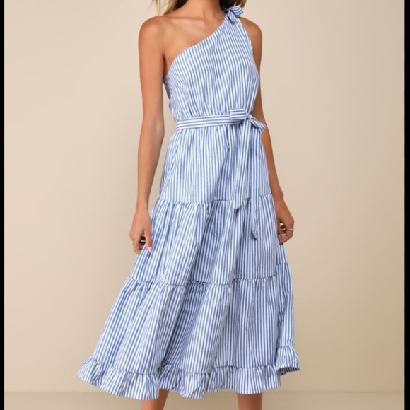 Lulu's Gleeful Getaway Nautical Striped Linen One Shoulder Midi Dress Size S - Picture 2 of 16